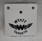 Real photo: 8×8″ 1/2″ AR500 steel square plate, white paint with the Wyatt Targets logo