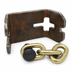 Rear of the Wyatt T-post hanger with the Grade 70 chain and black Grade 8 carriage bolt head