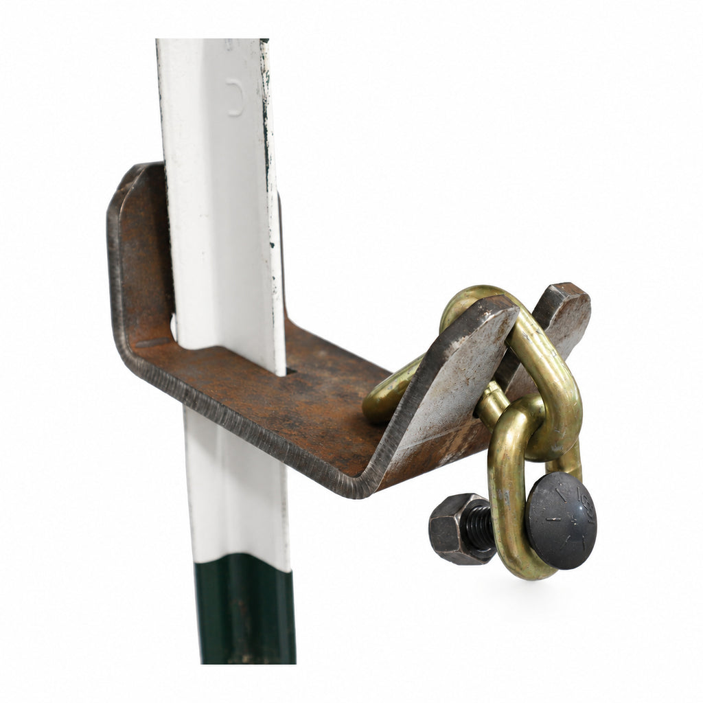 Wyatt T-post hanger installed on a T-post: Grade 70 chain with the black Grade 8 carriage bolt head facing out