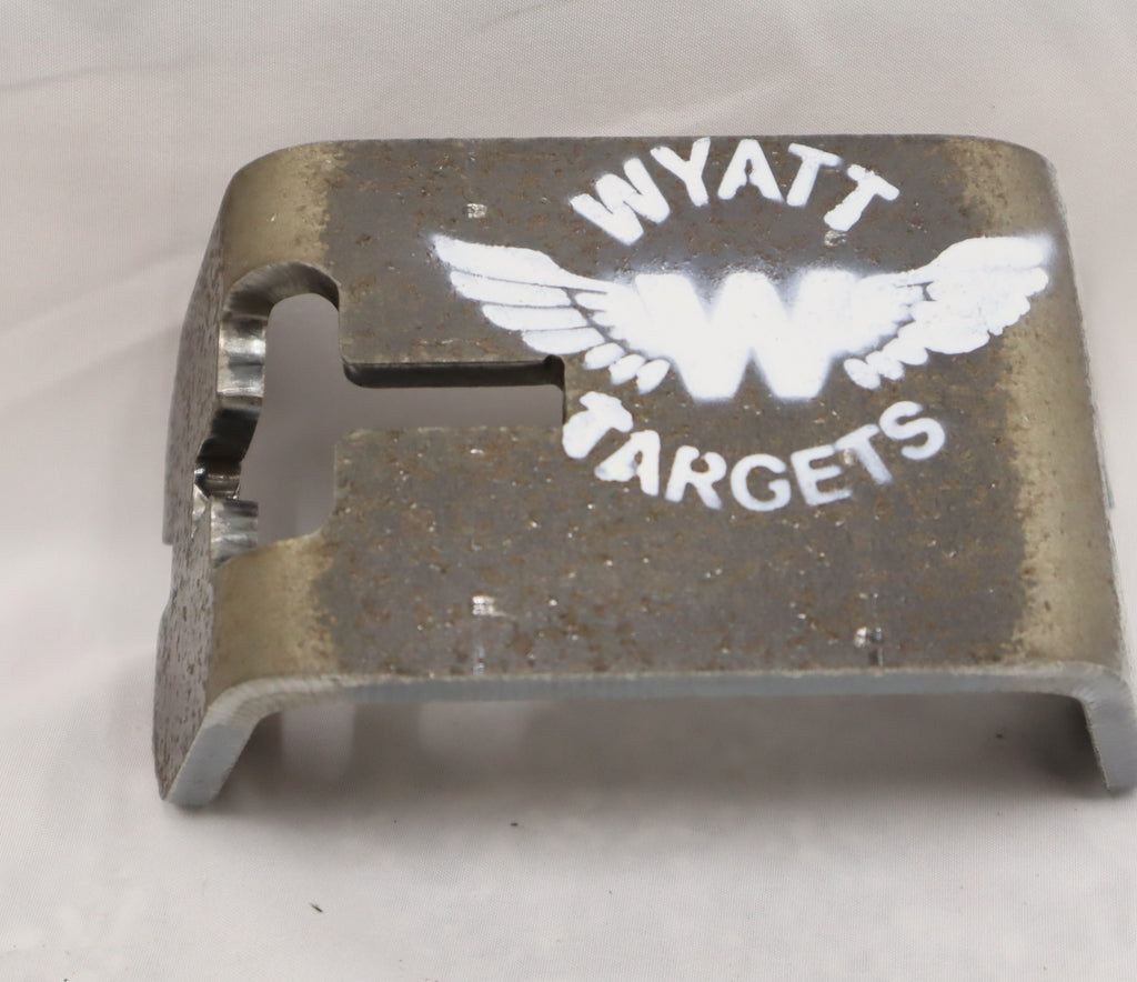 Real photo: Wyatt T-post target hanger, overhead view showing the T-post slot and painted logo