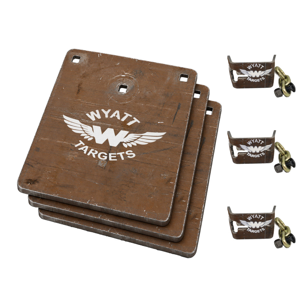 Triple Steal Deal + 3 Hangers: three 13.5×11.5″ 1/2″ AR500 plates with three Wyatt T-post hangers, each with chain and black Grade 8 bolt