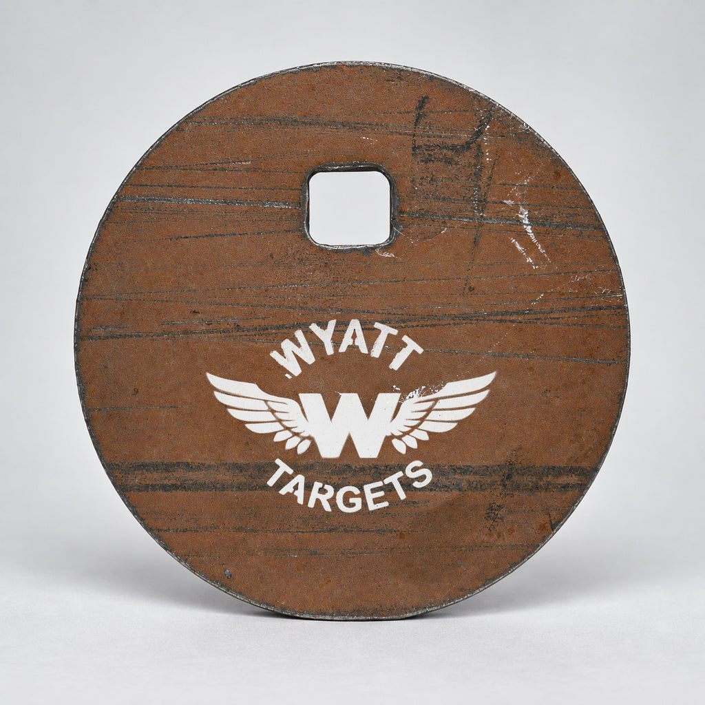 4-inch gong, 1/2-inch AR500 steel, surface rust, one 9/16-inch square mounting hole