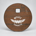 4-inch gong, 1/2-inch AR500 steel, surface rust, one 9/16-inch square mounting hole