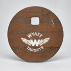 4-inch gong, 1/2-inch AR500 steel, surface rust, one 9/16-inch square mounting hole