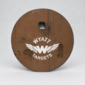 6-inch gong, 1/2-inch AR500 steel, surface rust, one 9/16-inch square mounting hole