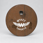 6-inch gong, 1/2-inch AR500 steel, surface rust, one 9/16-inch square mounting hole