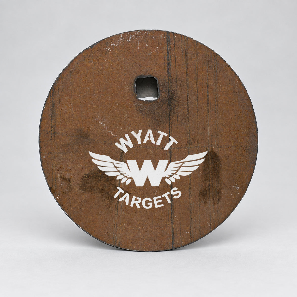6-inch gong, 1/2-inch AR500 steel, surface rust, one 9/16-inch square mounting hole
