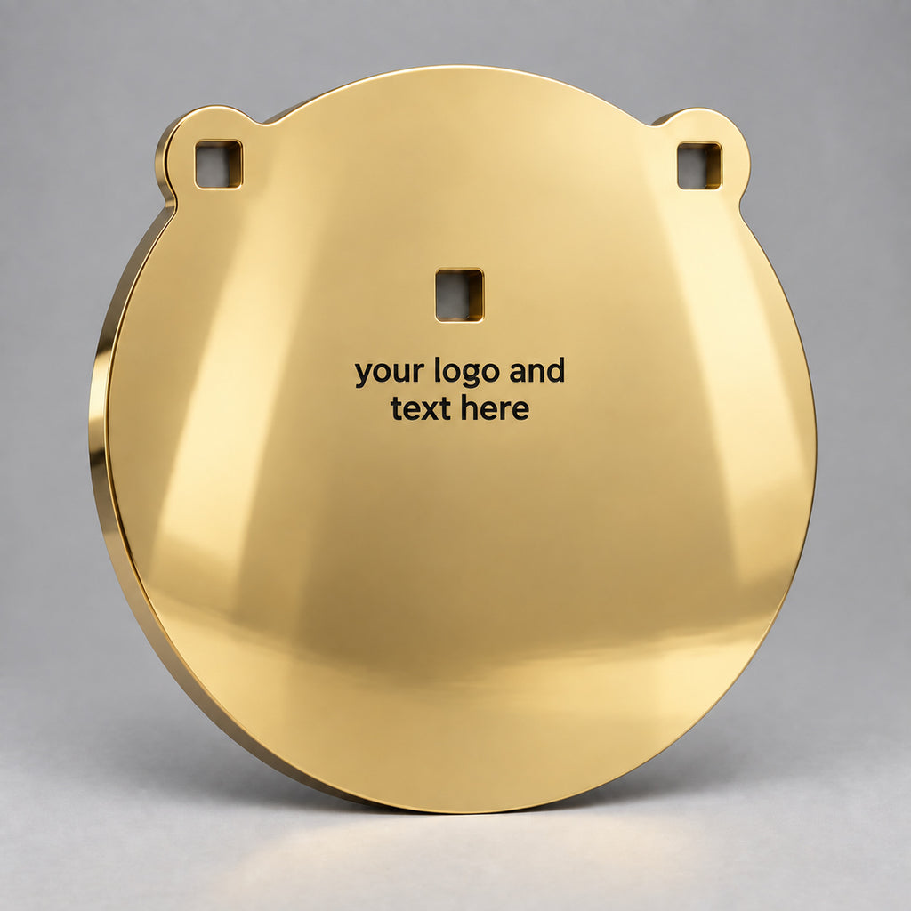 10-inch gong, 1/2-inch AR500 steel, mirror-polished gold TiN coating with black engraving applied after coating, three 9/16-inch square mounting holes
