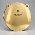 10-inch gong, 1/2-inch AR500 steel, mirror-polished gold TiN coating with black engraving applied after coating, three 9/16-inch square mounting holes