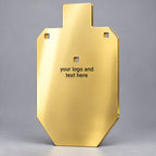 66-percent IPSC silhouette, 1/2-inch AR500 steel, mirror-polished gold TiN coating with black engraving applied after coating, three 9/16-inch square mounting holes