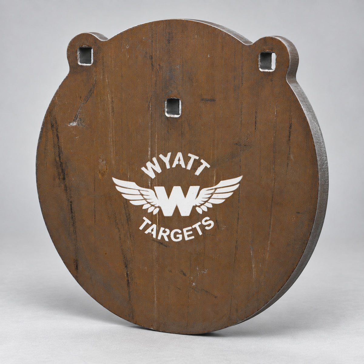 Big Bore Gong 12″, 3/4-inch AR500 steel, surface rust, three 9/16-inch square mounting holes per target