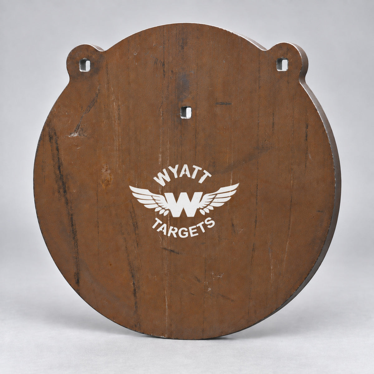 Big Bore Gong 16″, 3/4-inch AR500 steel, surface rust, three 9/16-inch square mounting holes per target