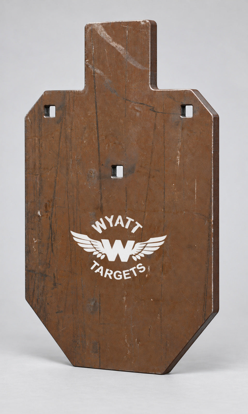 Big Bore IPSC Silhouette 66%, 3/4-inch AR500 steel, surface rust, three 9/16-inch square mounting holes per target