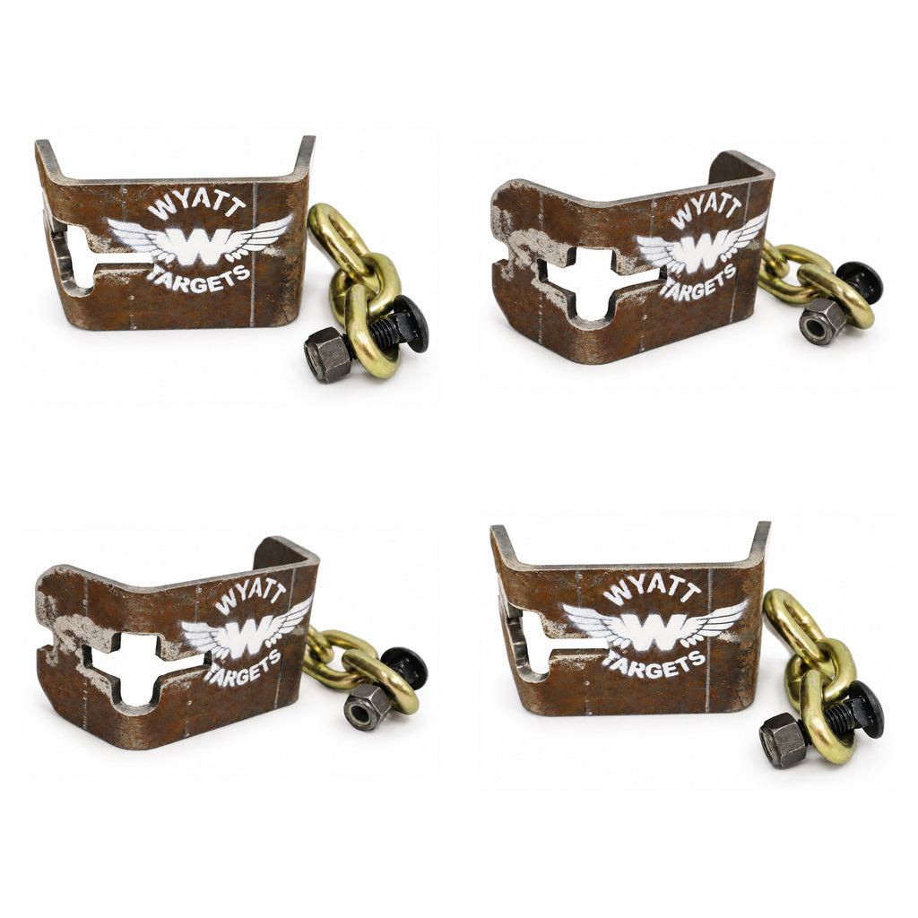 Wyatt T-Post Target Hanger 4-Pack: four 1/2-inch AR500 T-post hangers, each with Grade 70 chain and a black Grade 8 bolt with locknut